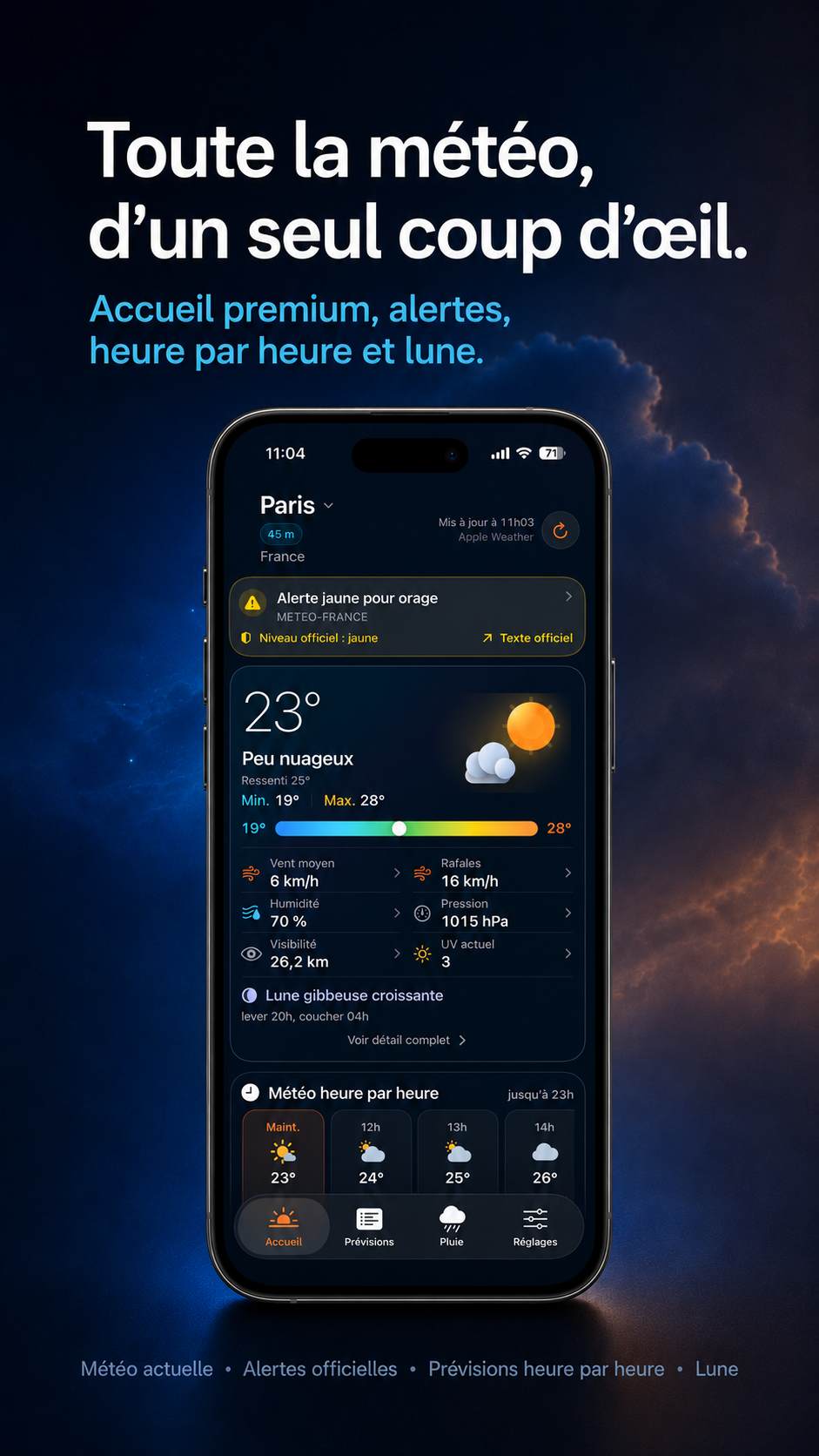 Toute la météo d’un seul coup d’œil : accueil MétéoClair pour Paris avec alerte officielle, conditions actuelles, prévisions heure par heure et lune