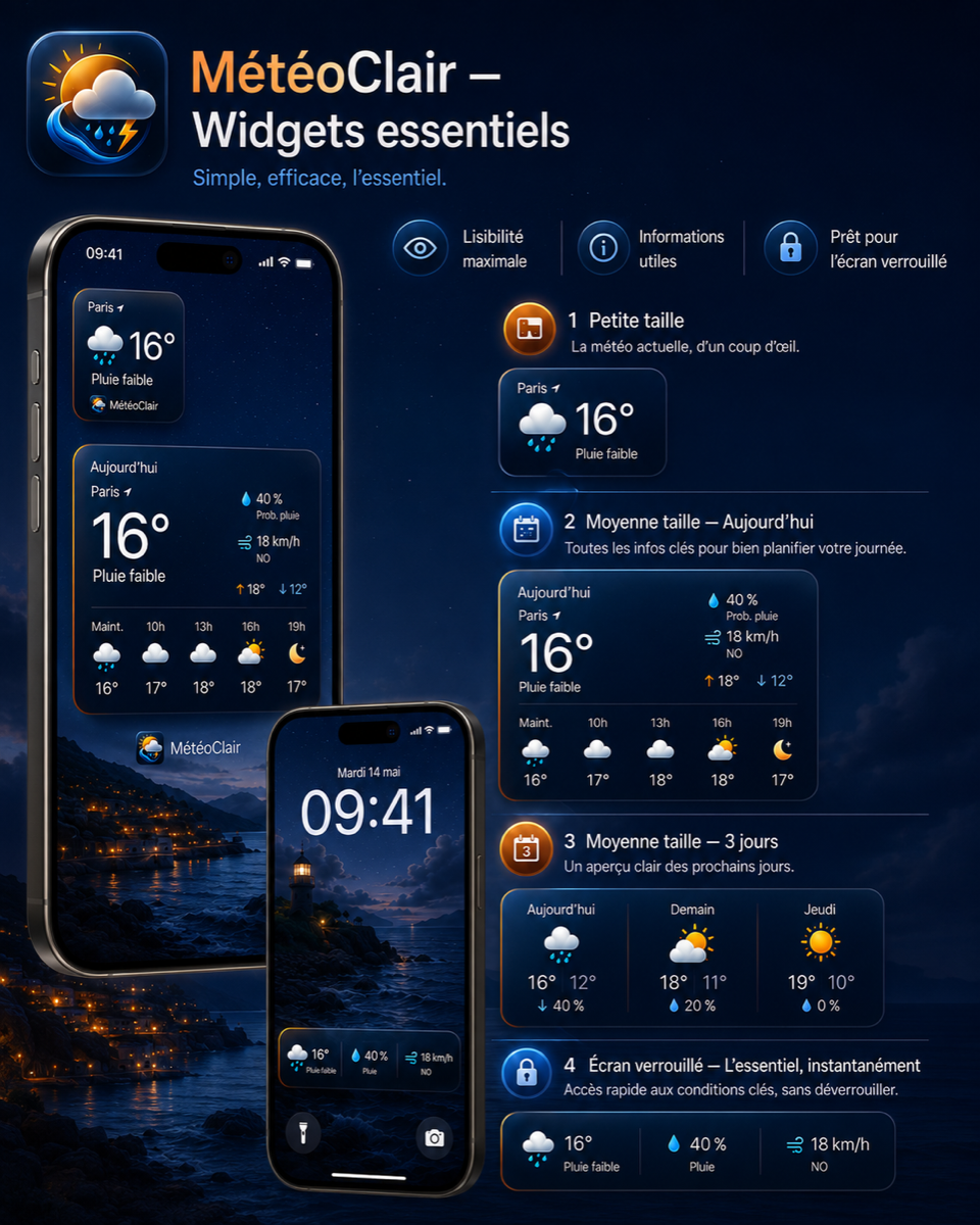 Aperçu marketing des futurs widgets MétéoClair pour Paris sur l’écran d’accueil et l’écran verrouillé