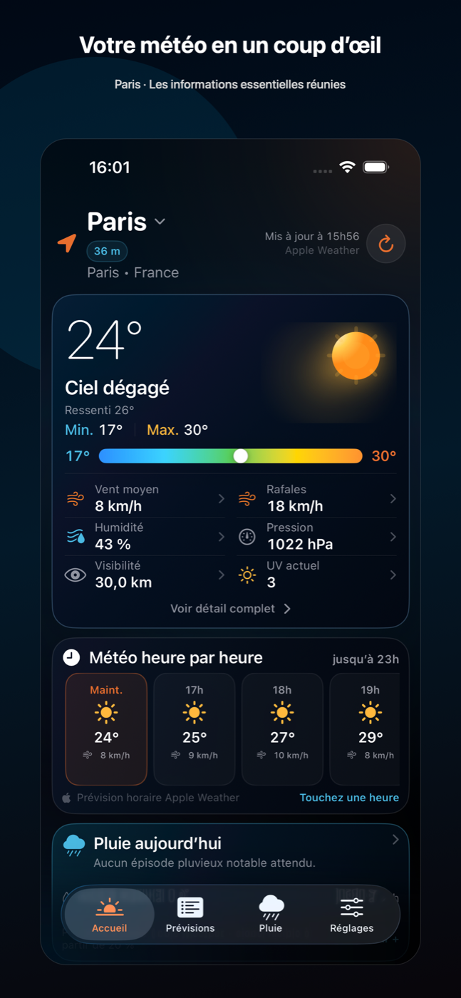 Écran d’accueil de MétéoClair pour Paris, avec les conditions actuelles et les prévisions heure par heure