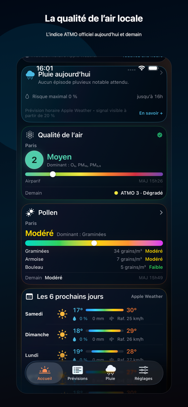 Carte Qualité de l’air MétéoClair affichant l’indice ATMO pour Paris