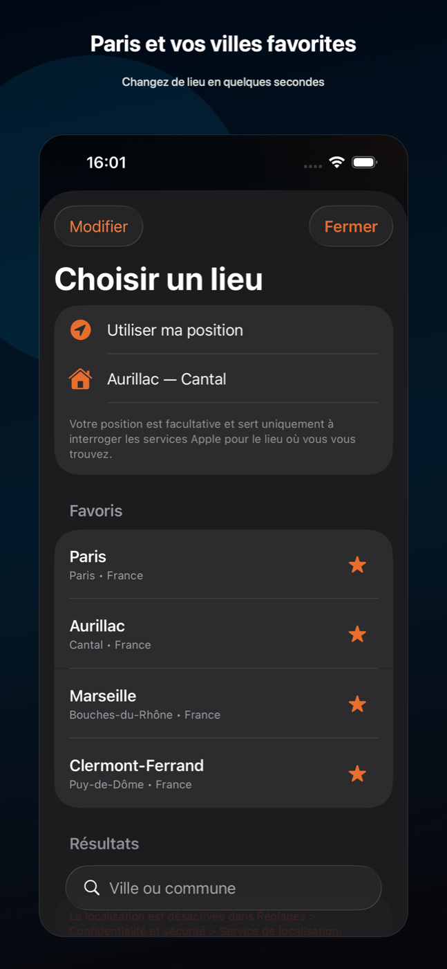 Sélecteur de lieu MétéoClair avec recherche, position et villes favorites